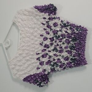 Y2K Cropped Floral white, purple, green textured Popcorn Bubble Top size S/M
